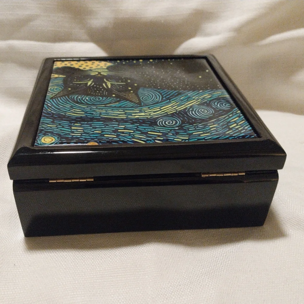Wood Black Cat Sleeping Under the Stars Starry Night Keepsake/Jewelry Box